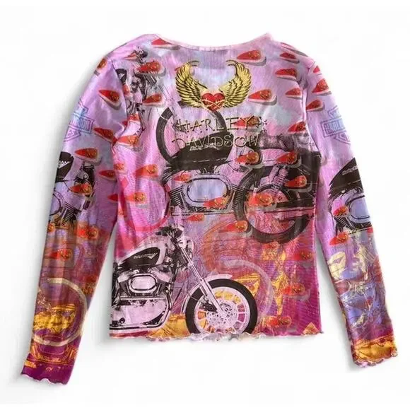 Vintage 90s Harley Davidson Women’s Mesh Long Sleeve Top Rhinestones Size S Y2K - Picture 5 of 5